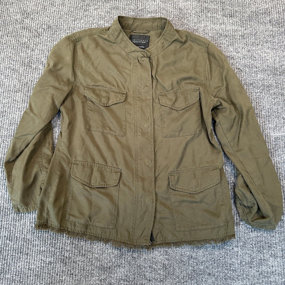 Sanctuary Crafted & Tailored Utility Jacket Medium Olive Green Fringe Hem Zip Up